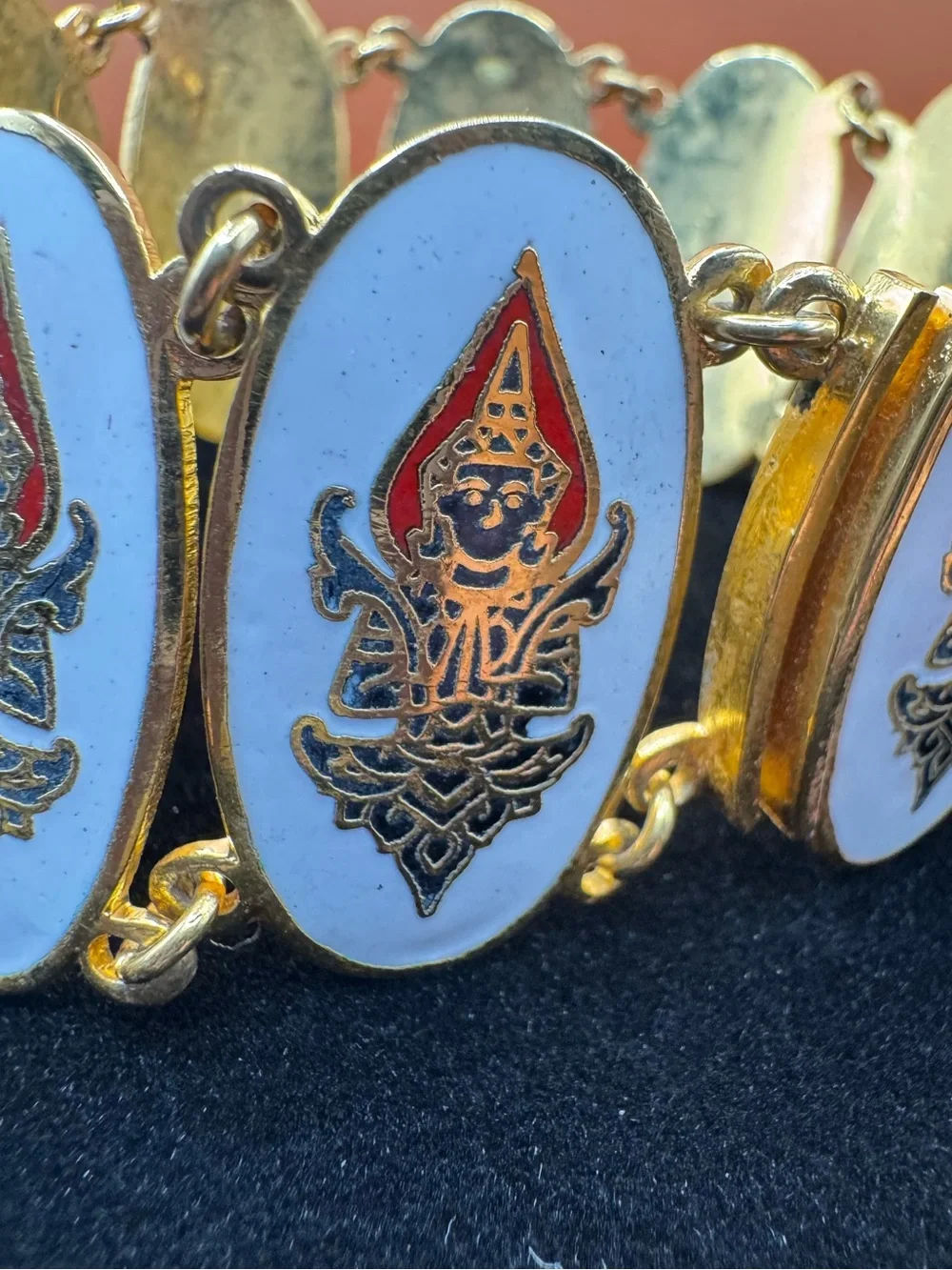 Vintage Siam Thailand Enamel Panel Bracelet Thai Dancer Gold Tone Blue